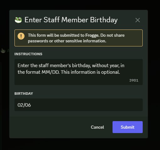 Staff Birthday Entry